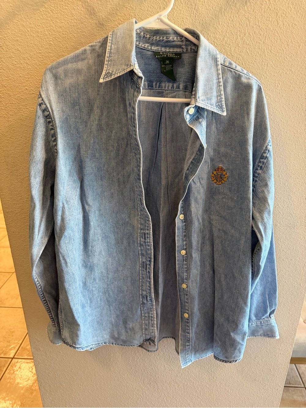 Vintage Ralph Lauren Light Blue Denim Button Up Shirt Embroidered Crest Women’s